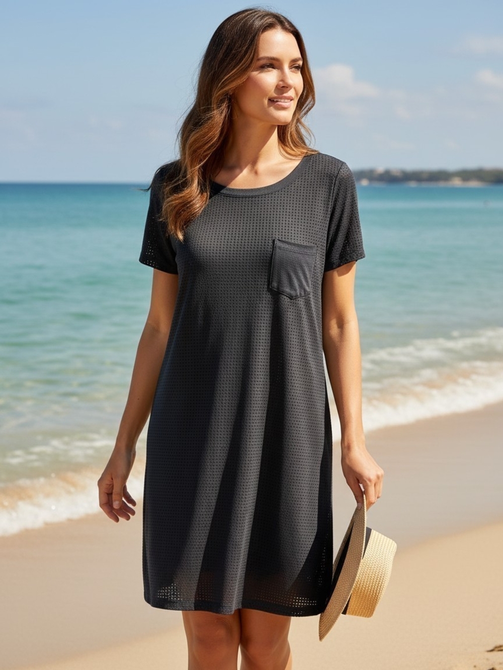SHAN Black Perforated Mesh Tunic Dress Size Medium/Large Swim Cover-Up Dress